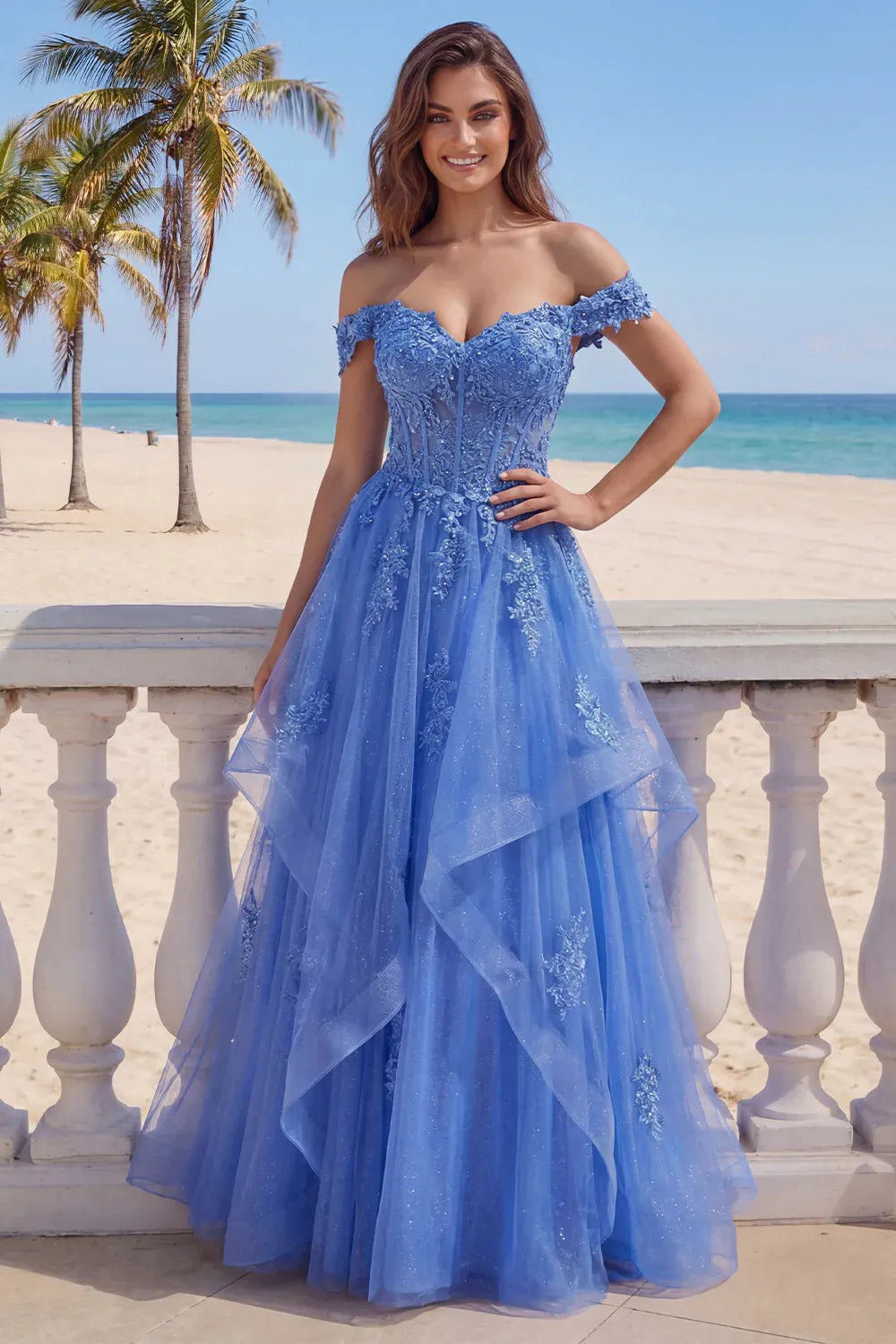Romantic Ball Gown Off Shoulder Short Sleeve Tulle Maxi Prom Dress