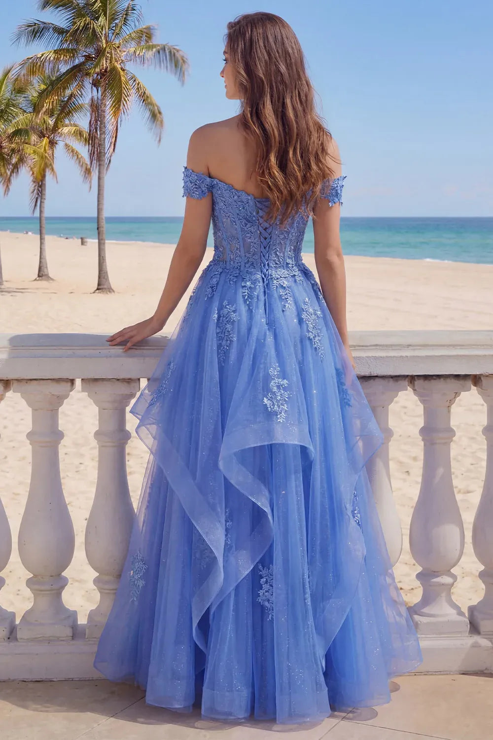 Romantic Ball Gown Off Shoulder Short Sleeve Tulle Maxi Prom Dress