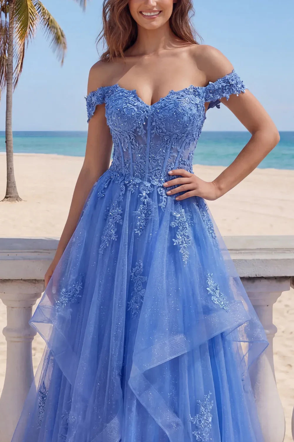 Romantic Ball Gown Off Shoulder Short Sleeve Tulle Maxi Prom Dress