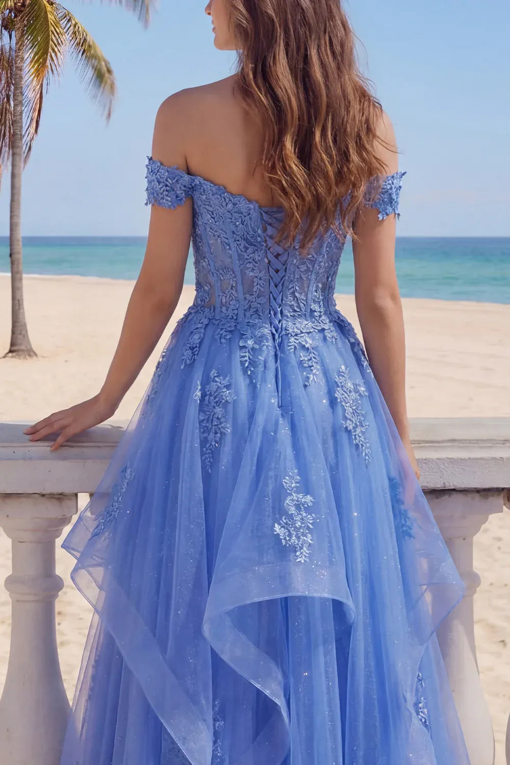 Romantic Ball Gown Off Shoulder Short Sleeve Tulle Maxi Prom Dress