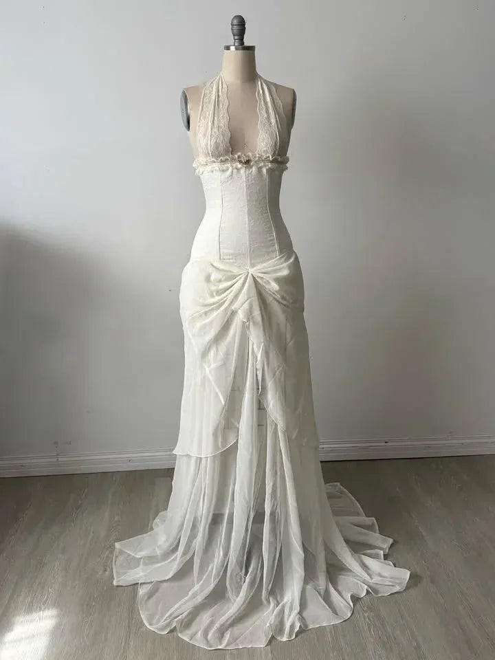 Romantic Halter Neck Lace Corset Ruched Mermaid Maxi Dress with Train