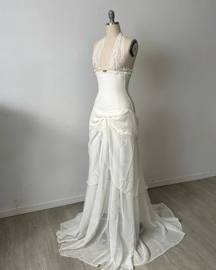 Romantic Halter Neck Lace Corset Ruched Mermaid Maxi Dress with Train