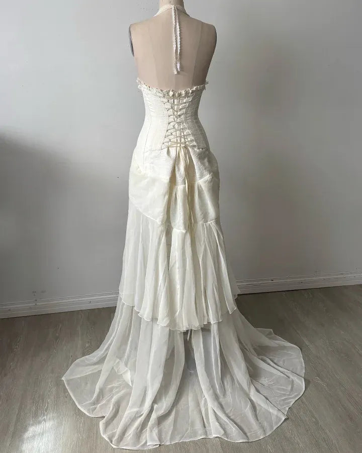 Romantic Halter Neck Lace Corset Ruched Mermaid Maxi Dress with Train