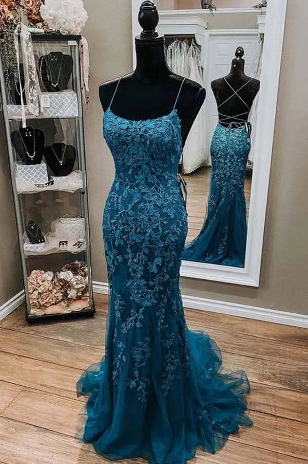 Romantic Mermaid Scoop Neck Spaghetti Strap Lace Maxi Prom Dress