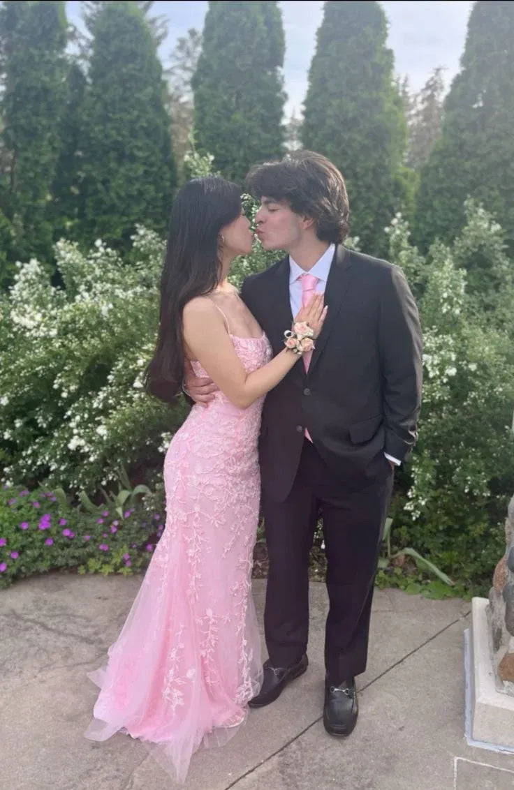 Romantic Mermaid Straight Neck Spaghetti Strap Lace Floor-Length Formal Evening Dress