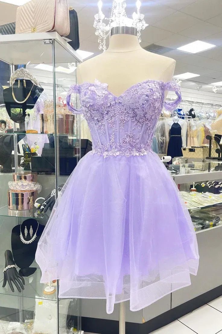 Romantic Off Shoulder 3D Floral Lace Up Tulle A-Line Mini Dress