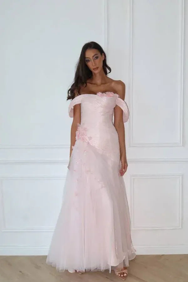 Romantic Off-the-Shoulder Corset 3D Flower Tulle A-Line Maxi Dress
