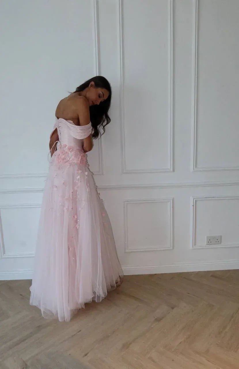 Romantic Off-the-Shoulder Corset 3D Flower Tulle A-Line Maxi Dress