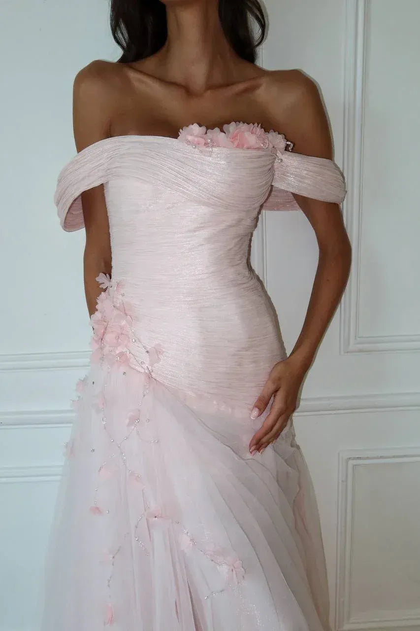Romantic Off-the-Shoulder Corset 3D Flower Tulle A-Line Maxi Dress