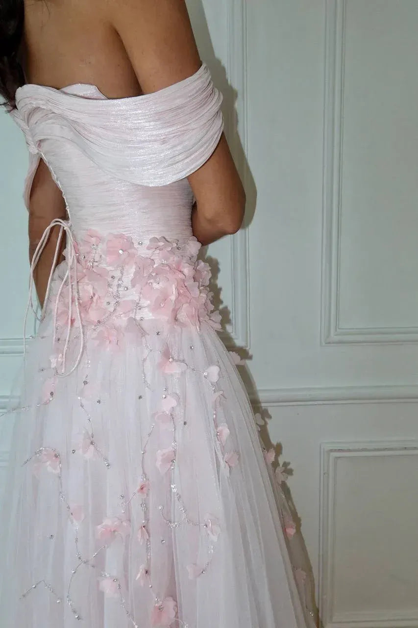 Romantic Off-the-Shoulder Corset 3D Flower Tulle A-Line Maxi Dress