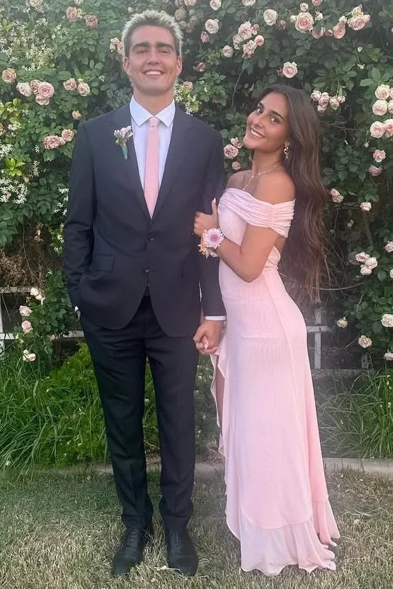 Romantic Off-the-Shoulder Ruffle High Slit Chiffon Bridesmaid Maxi Dress