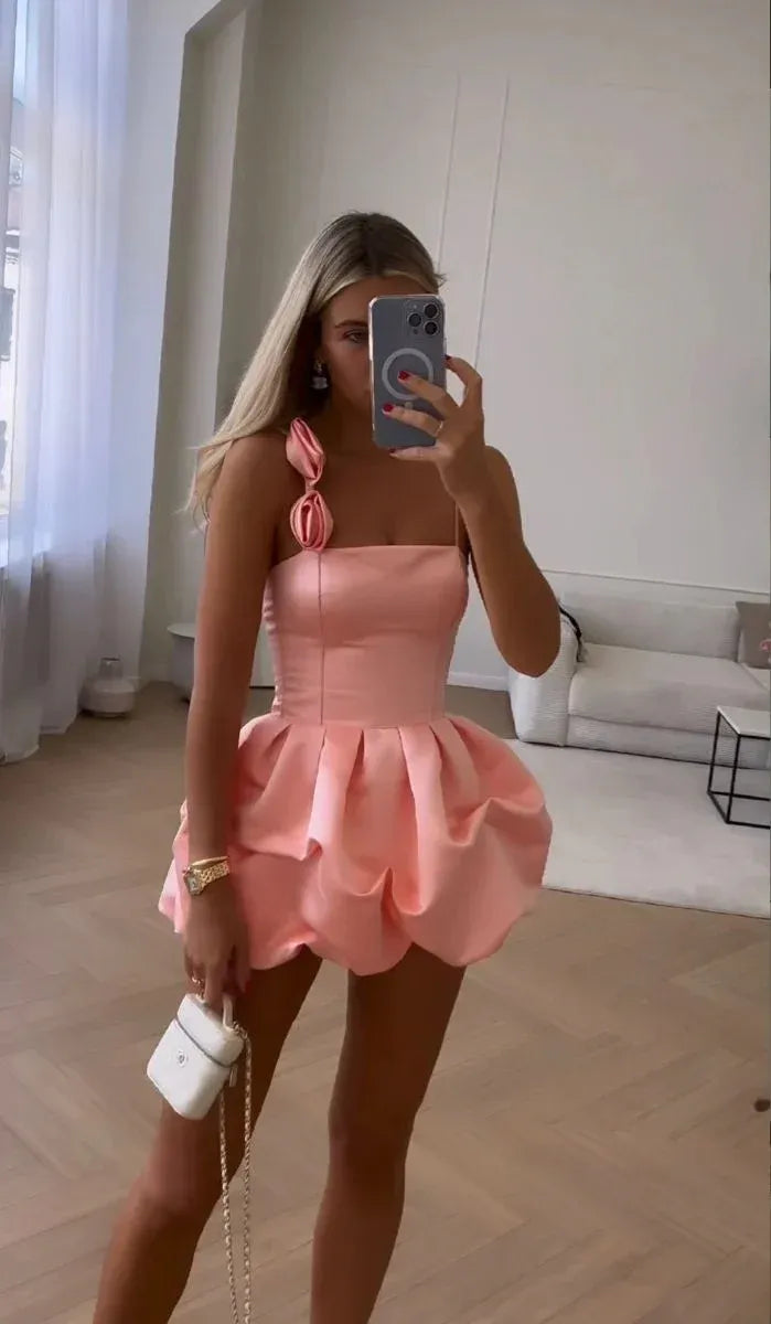 Romantic One Shoulder Satin Bubble Hem Mini Dress with Bow