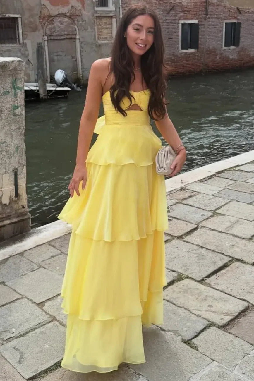 Romantic Spaghetti Strap Bow Cutout Tiered Ruffle Chiffon Maxi Dress