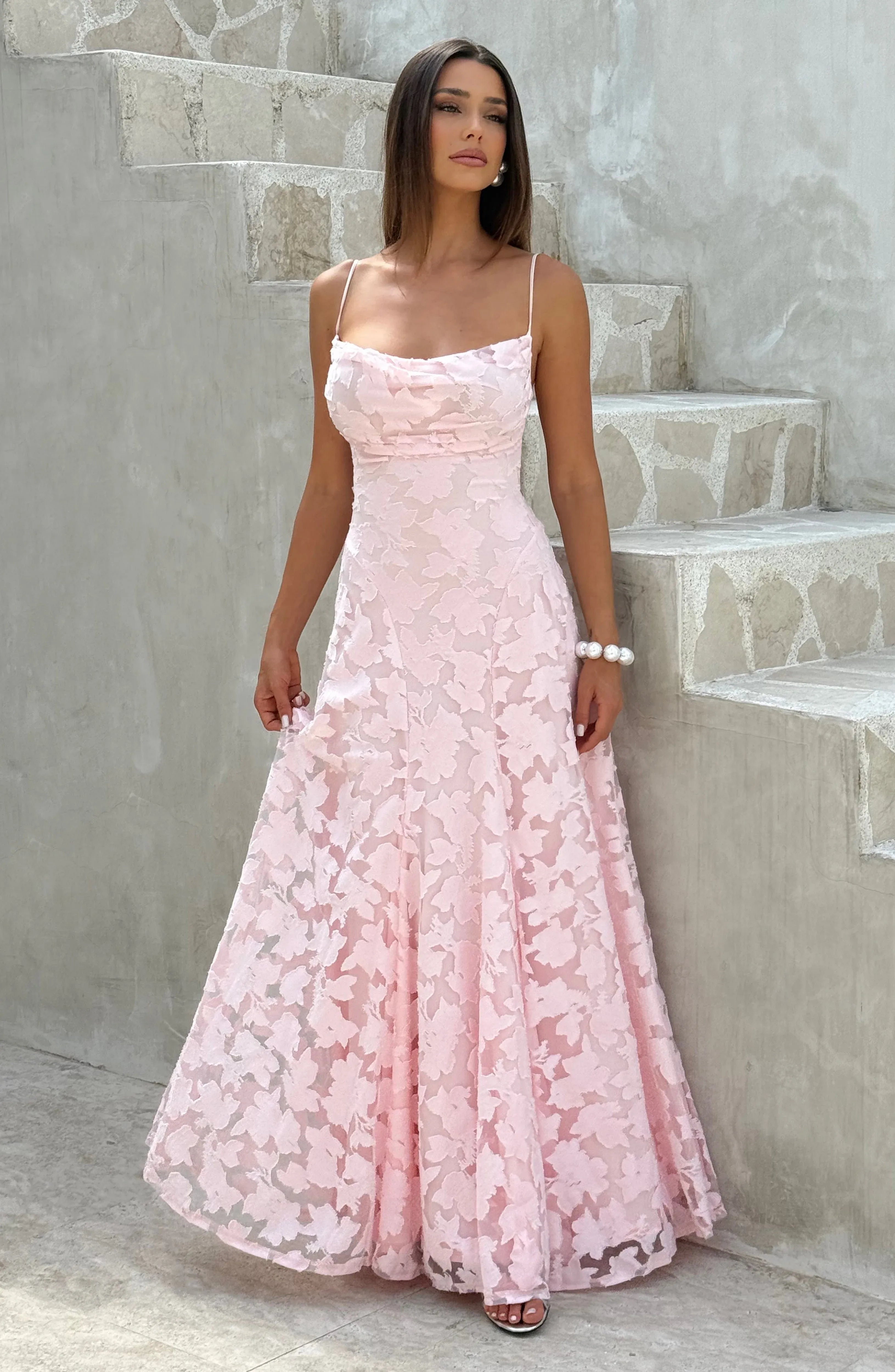 Romantic Spaghetti Strap Cowl Neck Lace-Up Back Floral Lace A-Line Maxi Dress