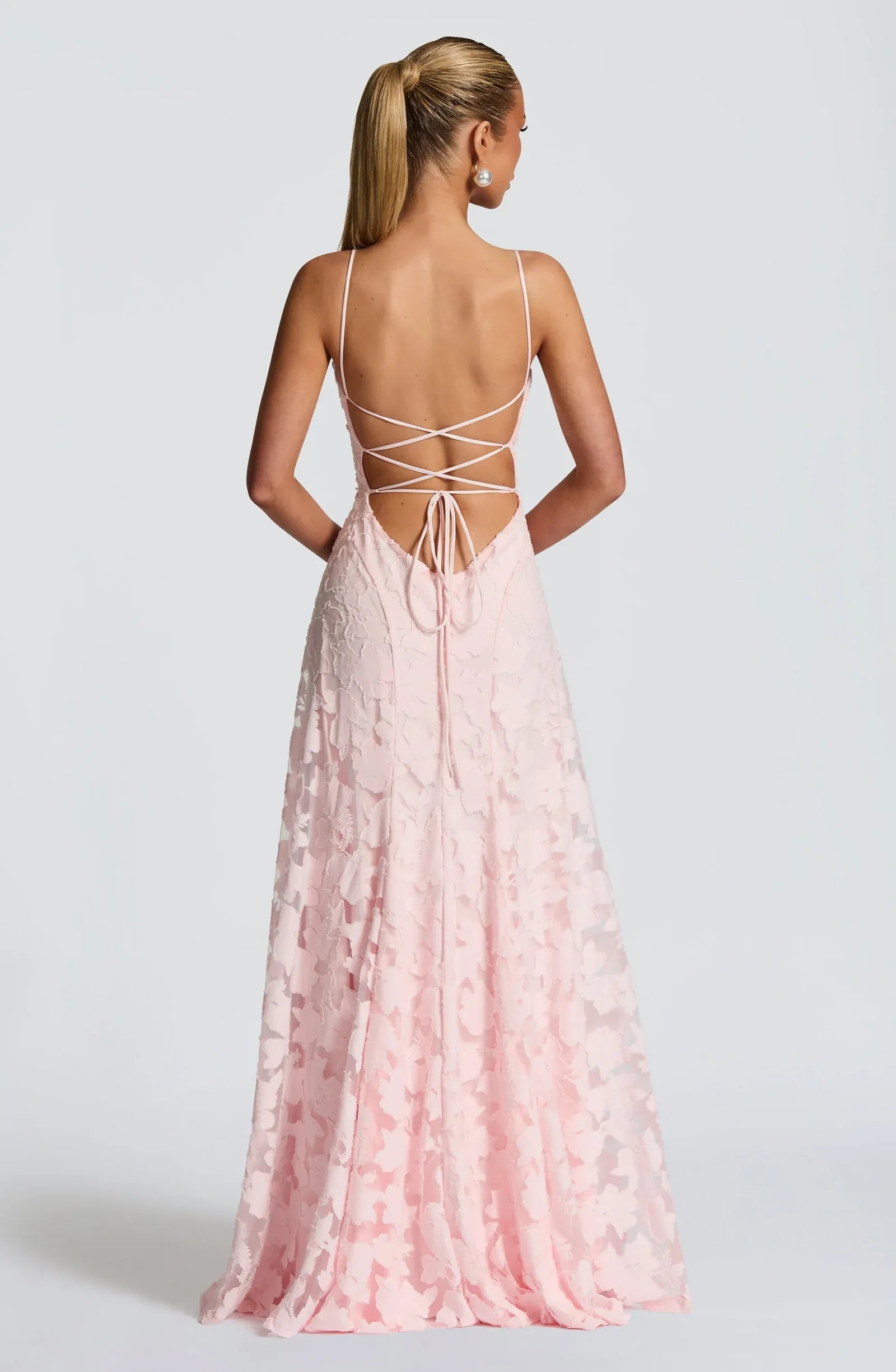 Romantic Spaghetti Strap Cowl Neck Lace-Up Back Floral Lace A-Line Maxi Dress