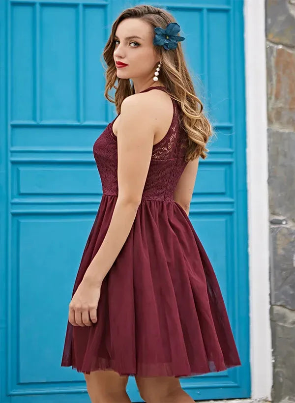 Romantic A-Line Halter Sleeveless Lace Burgundy Knee-length Homecoming Dress
