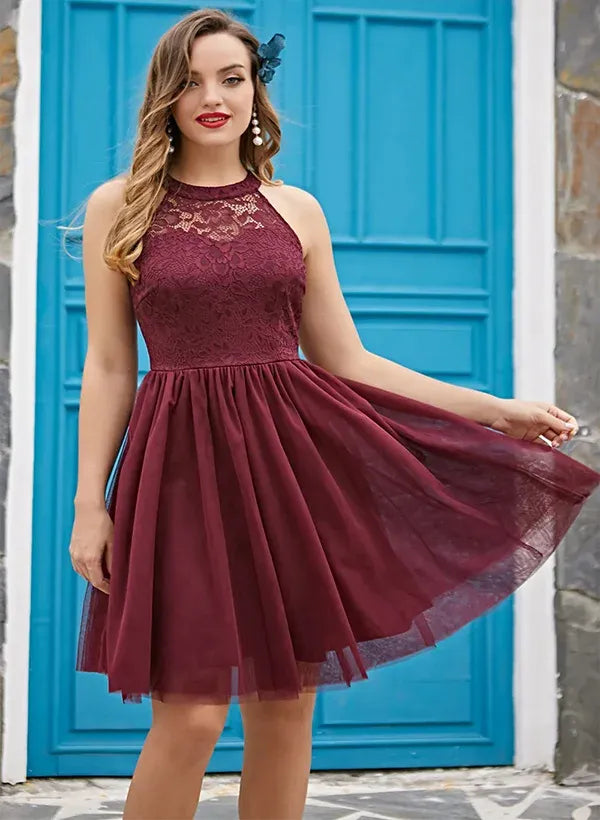 Romantic A-Line Halter Sleeveless Lace Burgundy Knee-length Homecoming Dress