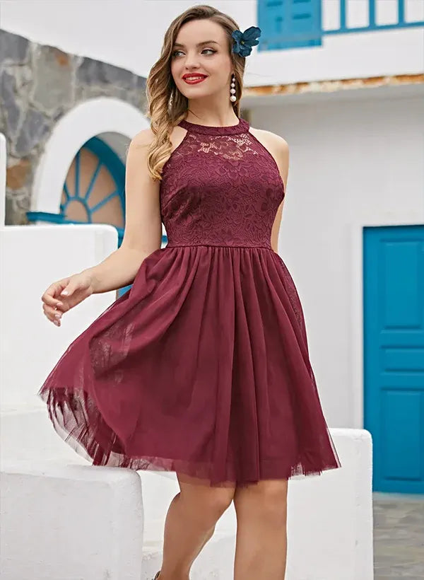 Romantic A-Line Halter Sleeveless Lace Burgundy Knee-length Homecoming Dress