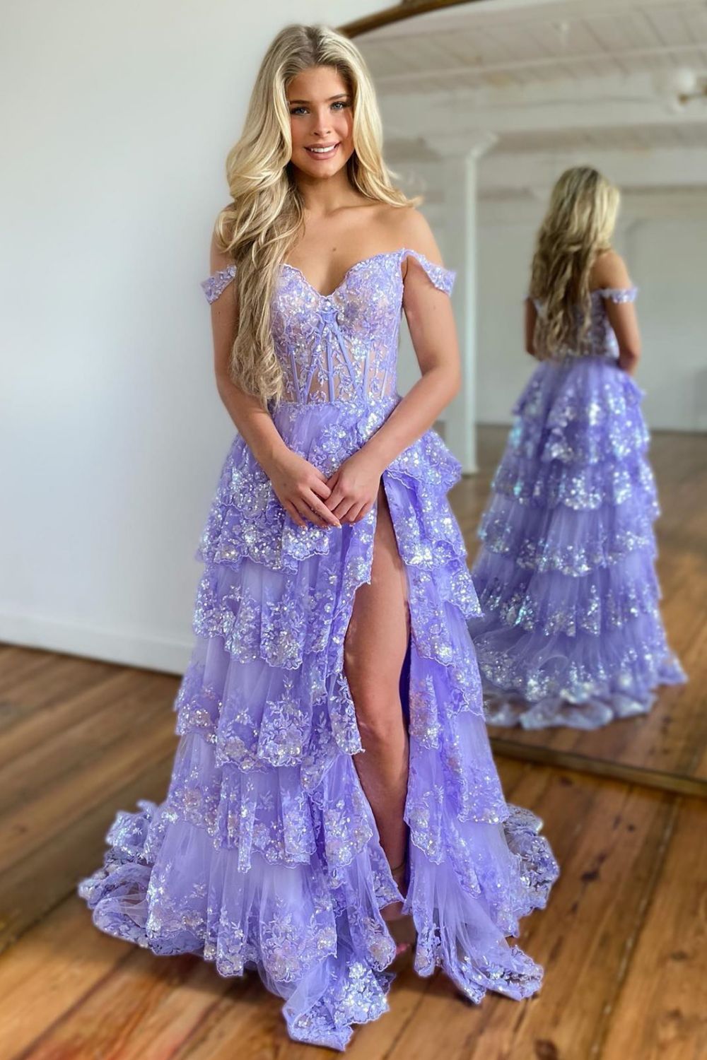 Weitese Sparkly Hot Pink A-Line Off The Shoulder Long Tiered Prom Dress With Appliques