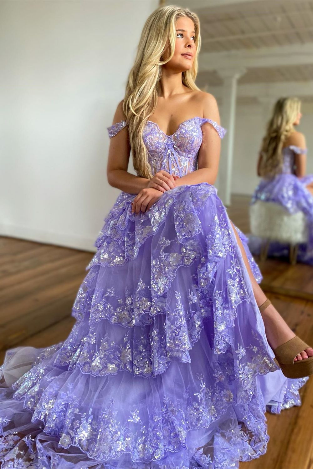 Weitese Sparkly Hot Pink A-Line Off The Shoulder Long Tiered Prom Dress With Appliques