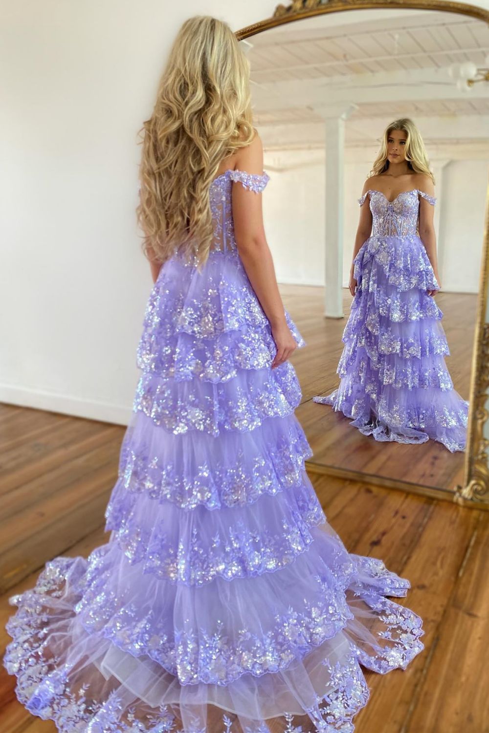 Weitese Sparkly Hot Pink A-Line Off The Shoulder Long Tiered Prom Dress With Appliques