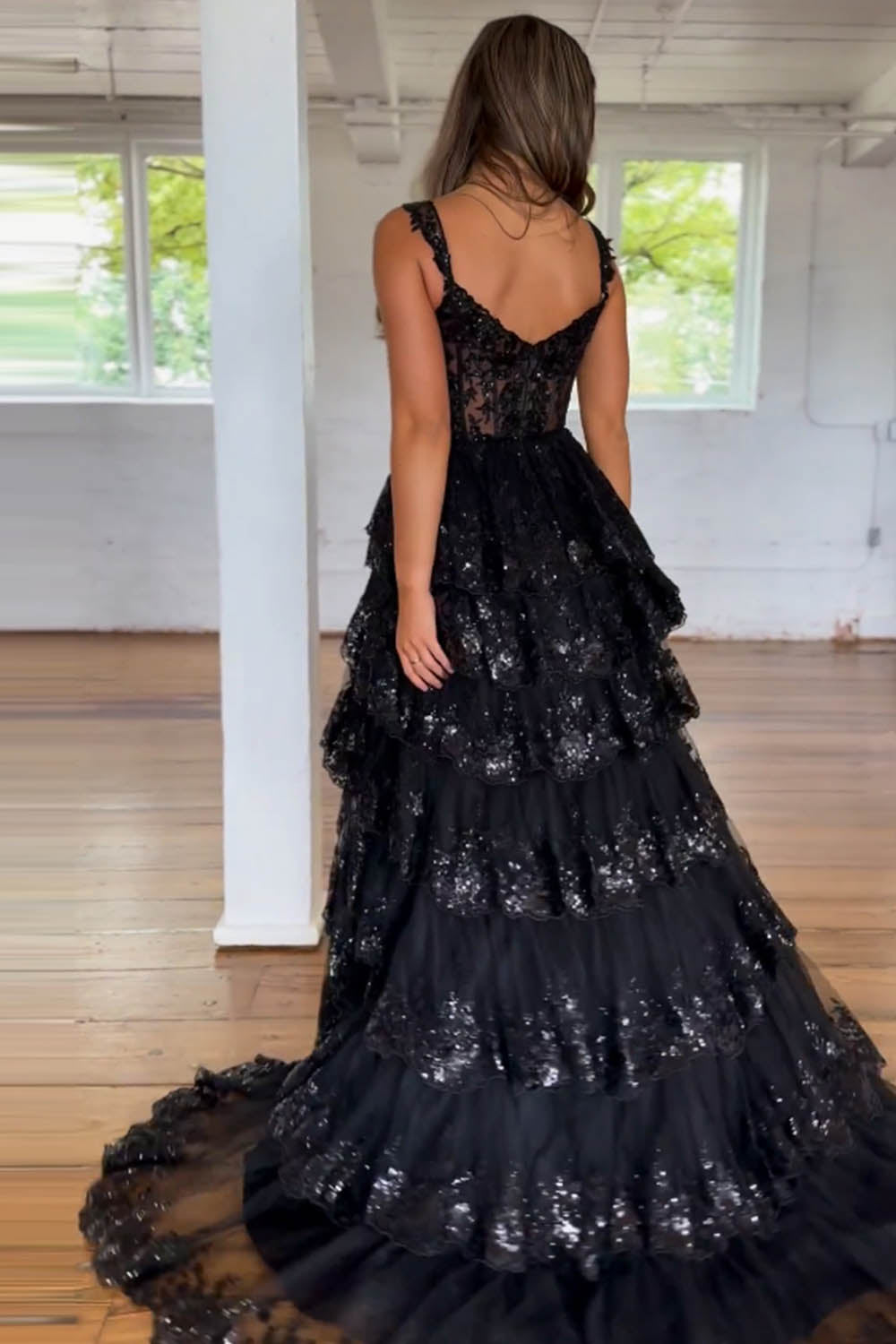 Weitese Sparkly Hot Pink A-Line Off The Shoulder Long Tiered Prom Dress With Appliques