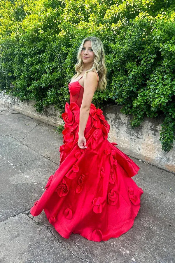 Romantic A-Line Spaghetti Strap 3D Floral Satin Prom Gown