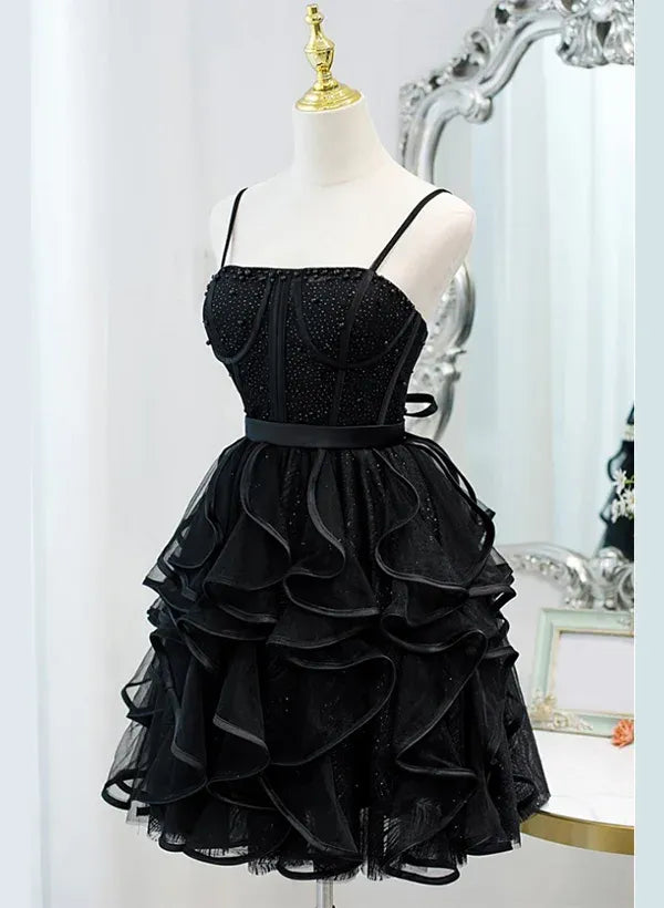 Romantic A-Line Spaghetti Straps Corset Ruffle Layers Tulle Black Mini Homecoming Dress