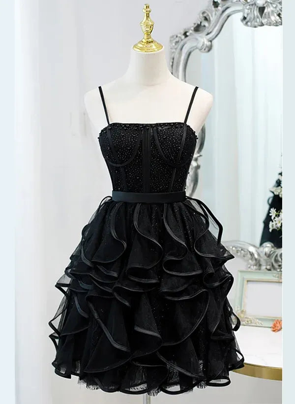 Romantic A-Line Spaghetti Straps Corset Ruffle Layers Tulle Black Mini Homecoming Dress
