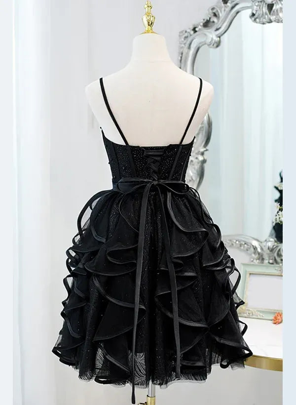 Romantic A-Line Spaghetti Straps Corset Ruffle Layers Tulle Black Mini Homecoming Dress