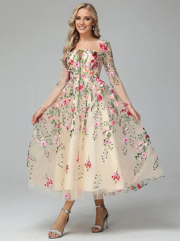 Romantic A-Line Square Neck Long Sleeves Backless Tea Length Prom Dress