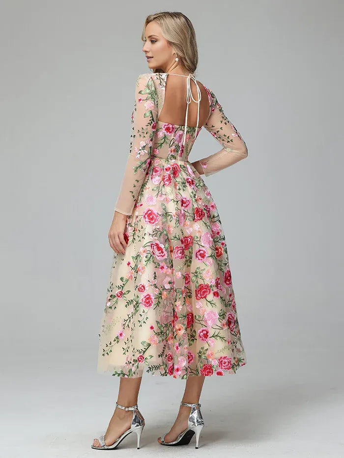 Romantic A-Line Square Neck Long Sleeves Backless Tea Length Prom Dress