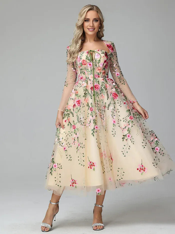 Romantic A-Line Square Neck Long Sleeves Backless Tea Length Prom Dress