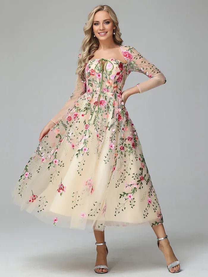 Romantic A-Line Square Neck Long Sleeves Backless Tea Length Prom Dress