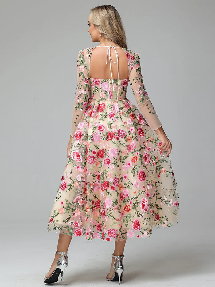 Romantic A-Line Square Neck Long Sleeves Backless Tea Length Prom Dress