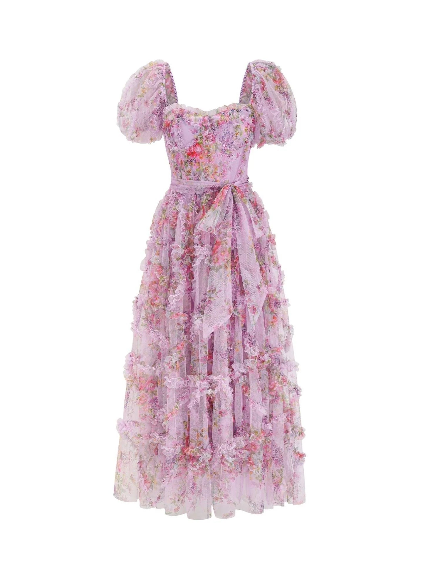 Romantic A-Line Sweetheart Puff Sleeves Zipper Back Floor-Length Prom Dress