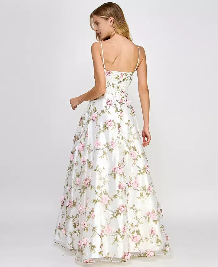 Romantic A-Line Sweetheart Sleeveless Flower Printed Tulle Floor-Length Prom Dress