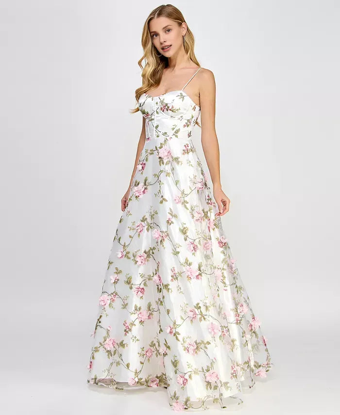 Romantic A-Line Sweetheart Sleeveless Flower Printed Tulle Floor-Length Prom Dress