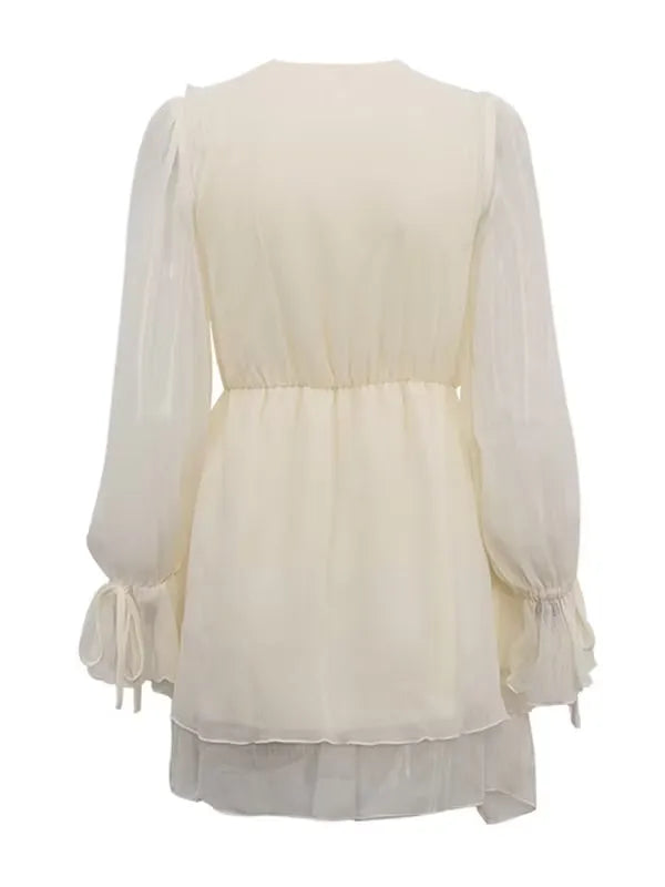 Romantic A-Line V-Neck Long Sleeves Ruffle Tie Ivory Mini Homecoming Dress