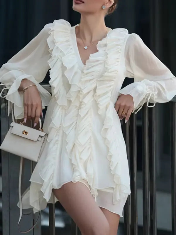 Romantic A-Line V-Neck Long Sleeves Ruffle Tie Ivory Mini Homecoming Dress