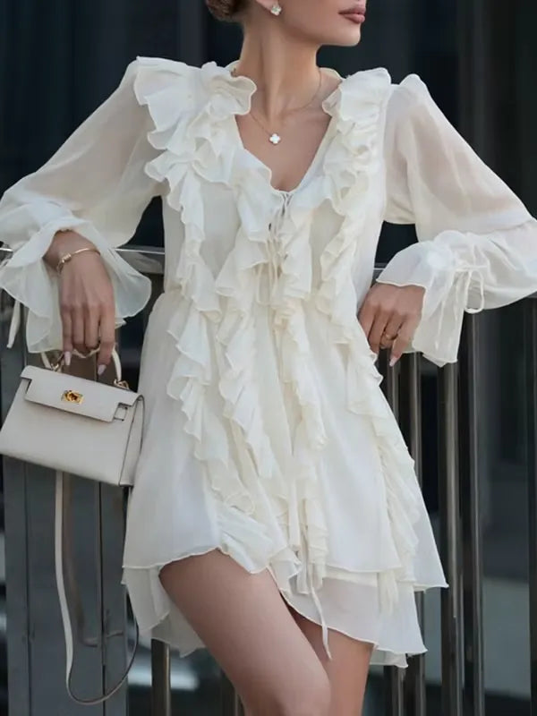 Romantic A-Line V-Neck Long Sleeves Ruffle Tie Ivory Mini Homecoming Dress