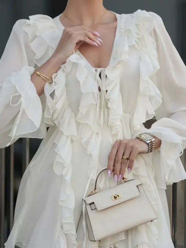 Romantic A-Line V-Neck Long Sleeves Ruffle Tie Ivory Mini Homecoming Dress
