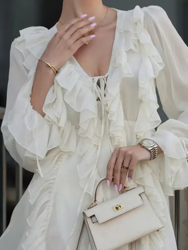Romantic A-Line V-Neck Long Sleeves Ruffle Tie Ivory Mini Homecoming Dress