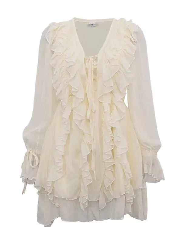 Romantic A-Line V-Neck Long Sleeves Ruffle Tie Ivory Mini Homecoming Dress