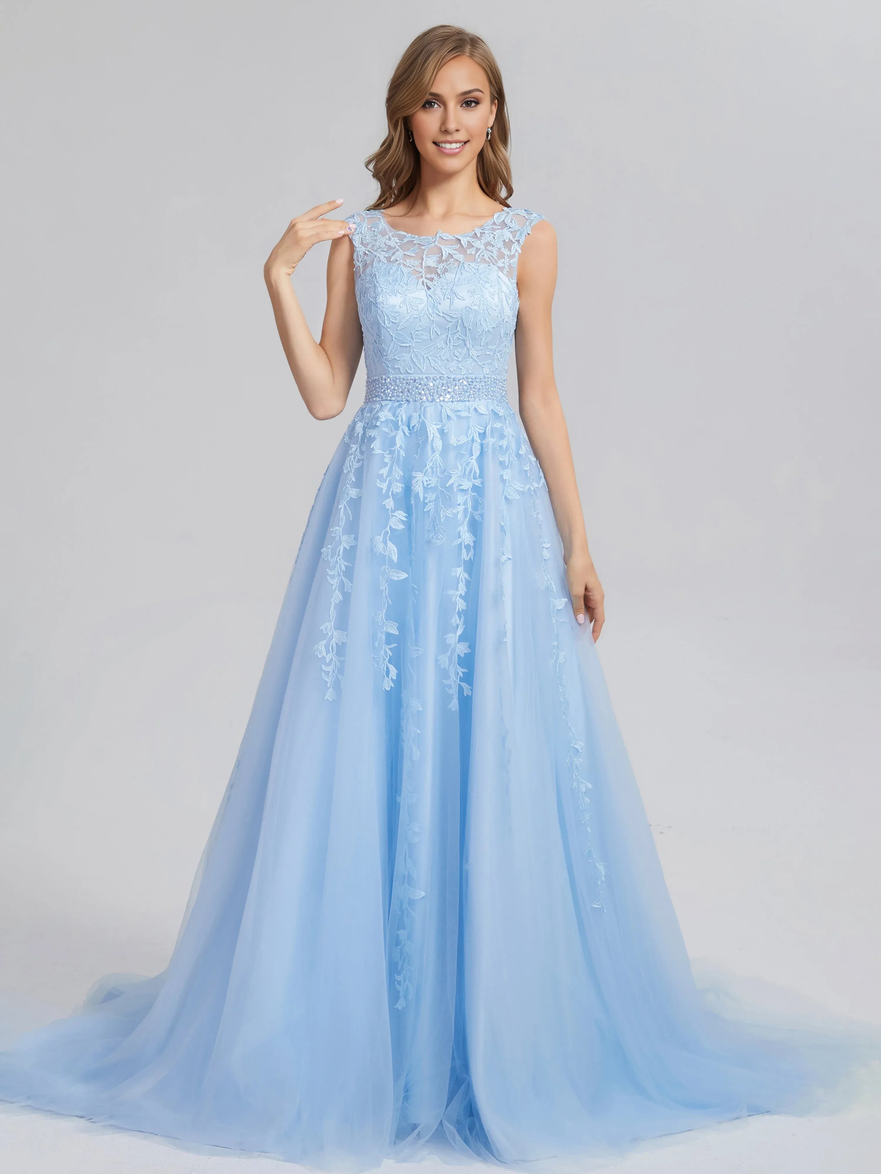 Romantic A-line Bateau Neck Sleeveless Lace up Chapel Train Prom Dress