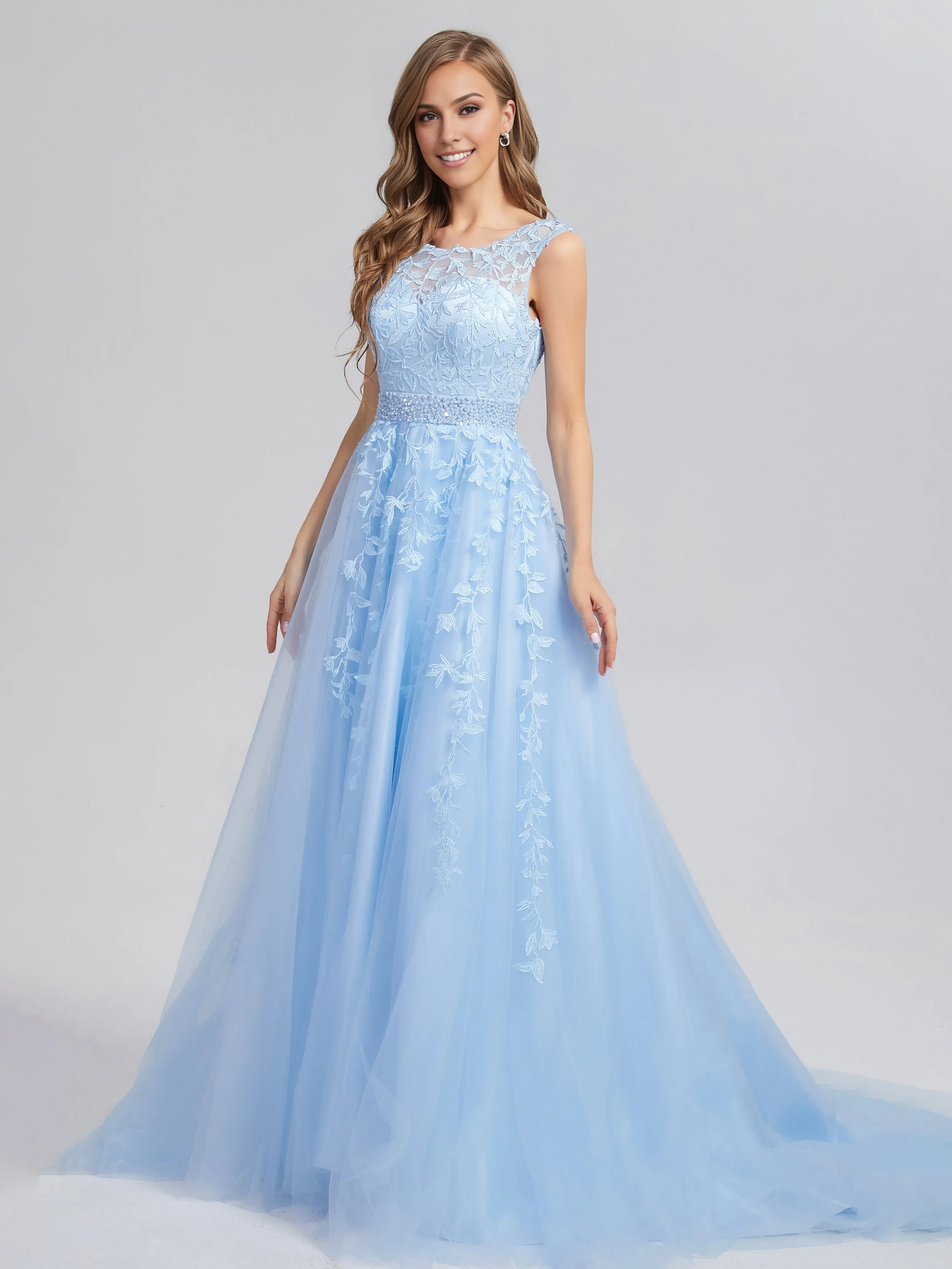 Romantic A-line Bateau Neck Sleeveless Lace up Chapel Train Prom Dress