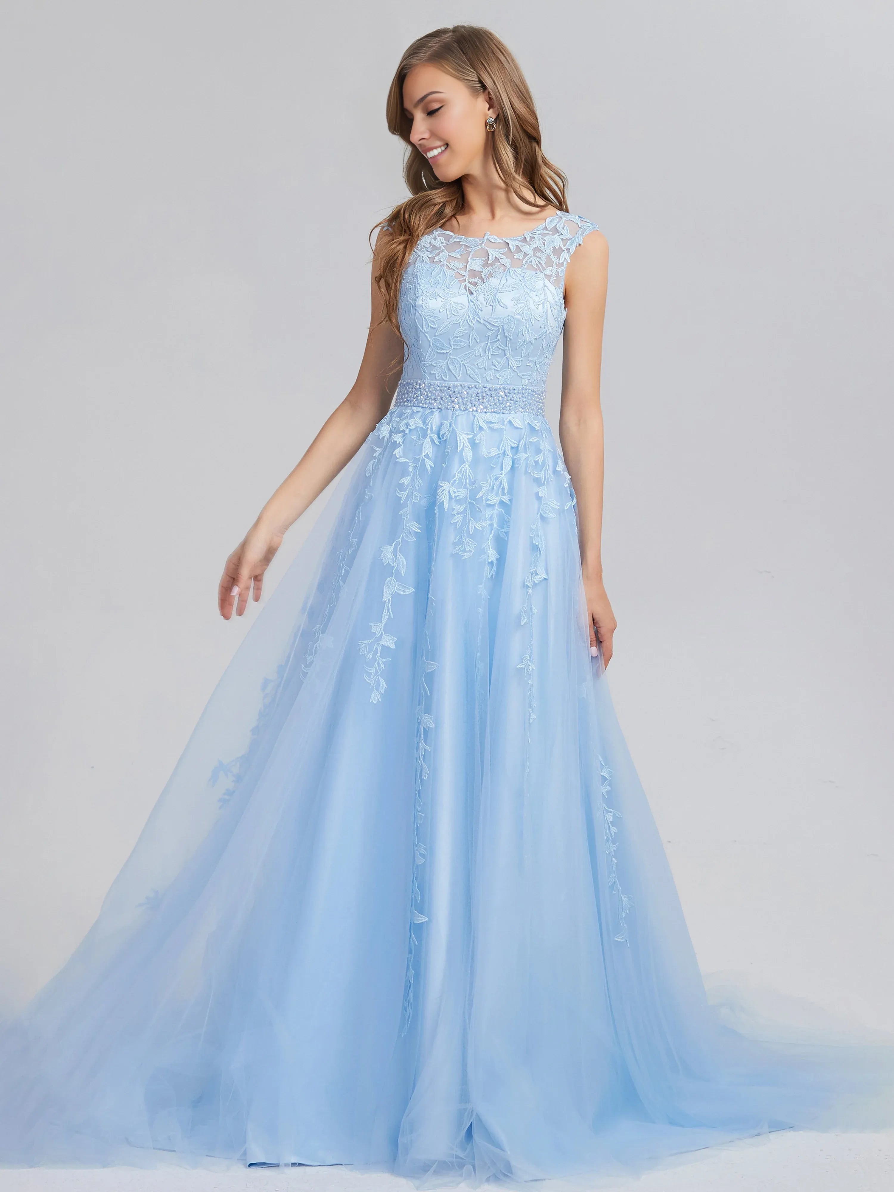 Romantic A-line Bateau Neck Sleeveless Lace up Chapel Train Prom Dress
