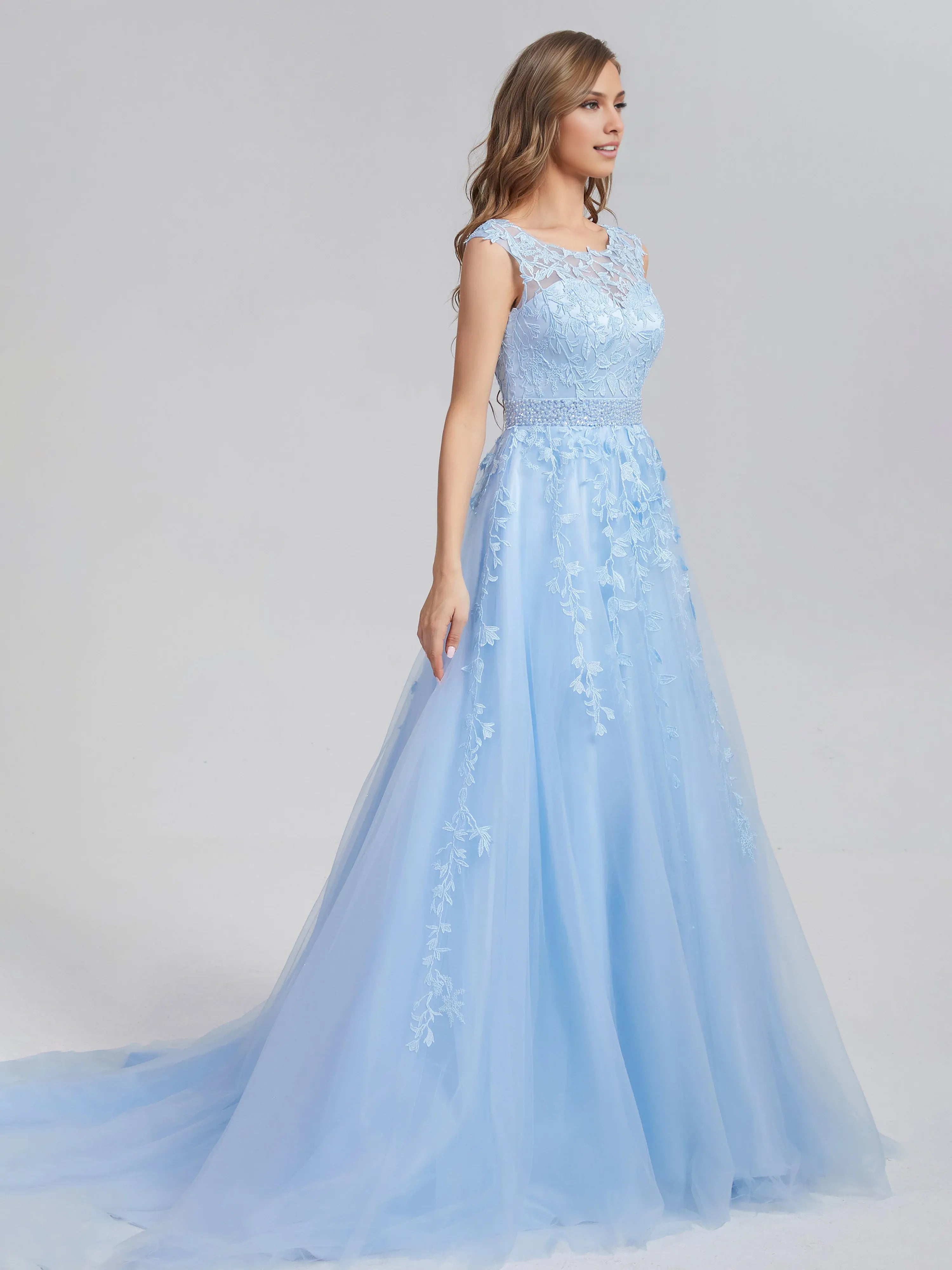 Romantic A-line Bateau Neck Sleeveless Lace up Chapel Train Prom Dress