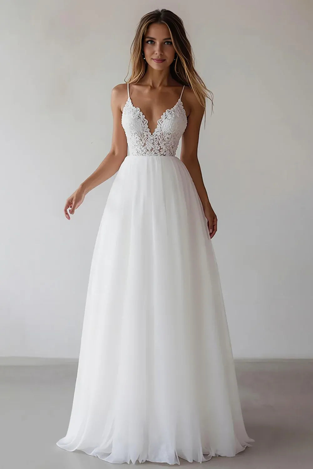 Romantic A Line Spaghetti Straps Sleeveless Appliques Floor-Length Wedding Dress