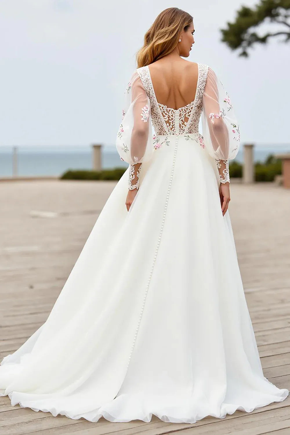 Romantic A Line V Neck Long Sleeve Appliques Tulle Sweep Train Wedding Dress